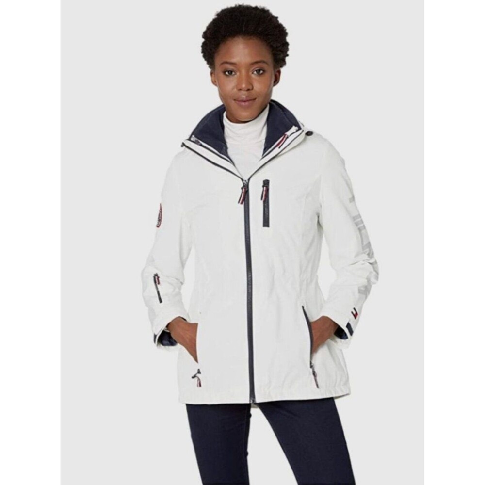 TOMMY HILFIGER Women's Systems Anorak Hooded Jacket White Navy Blue Sz M Preppy